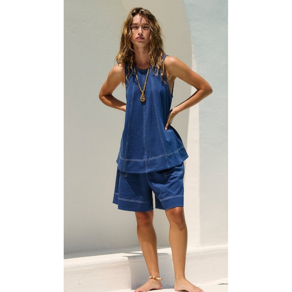 Free People Australia Indigo Blue Set Tank Top Shorts Contrast Stitch S